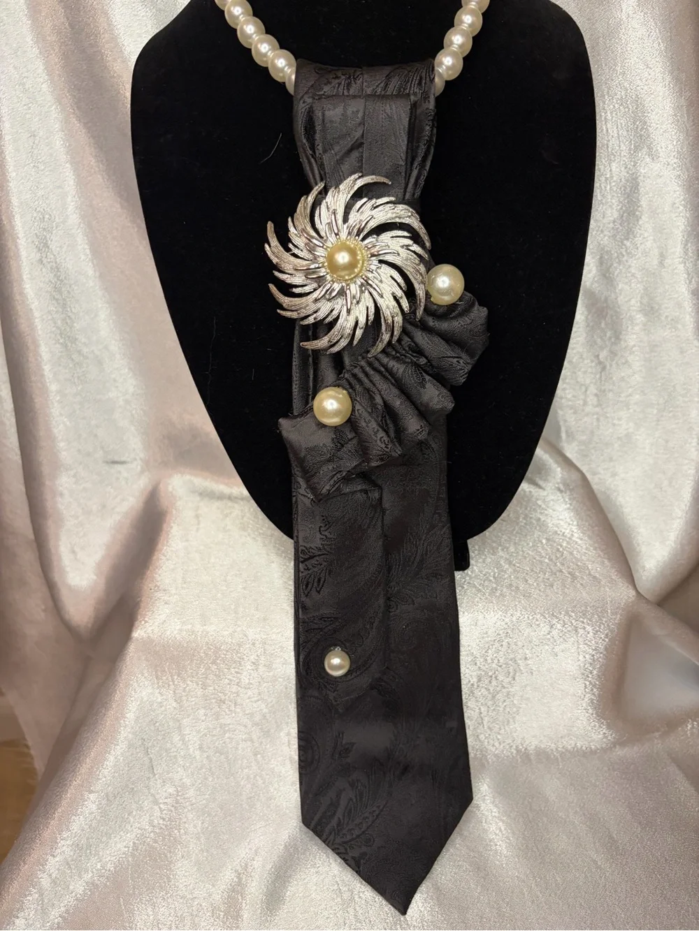 Express Black Paisley Satin Scarf with Pearl & Floral Brooch Accent